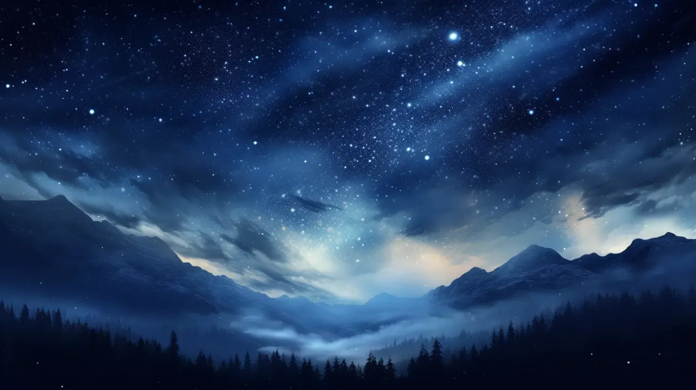 Landscape of wilderness and mountains in a night full of stars