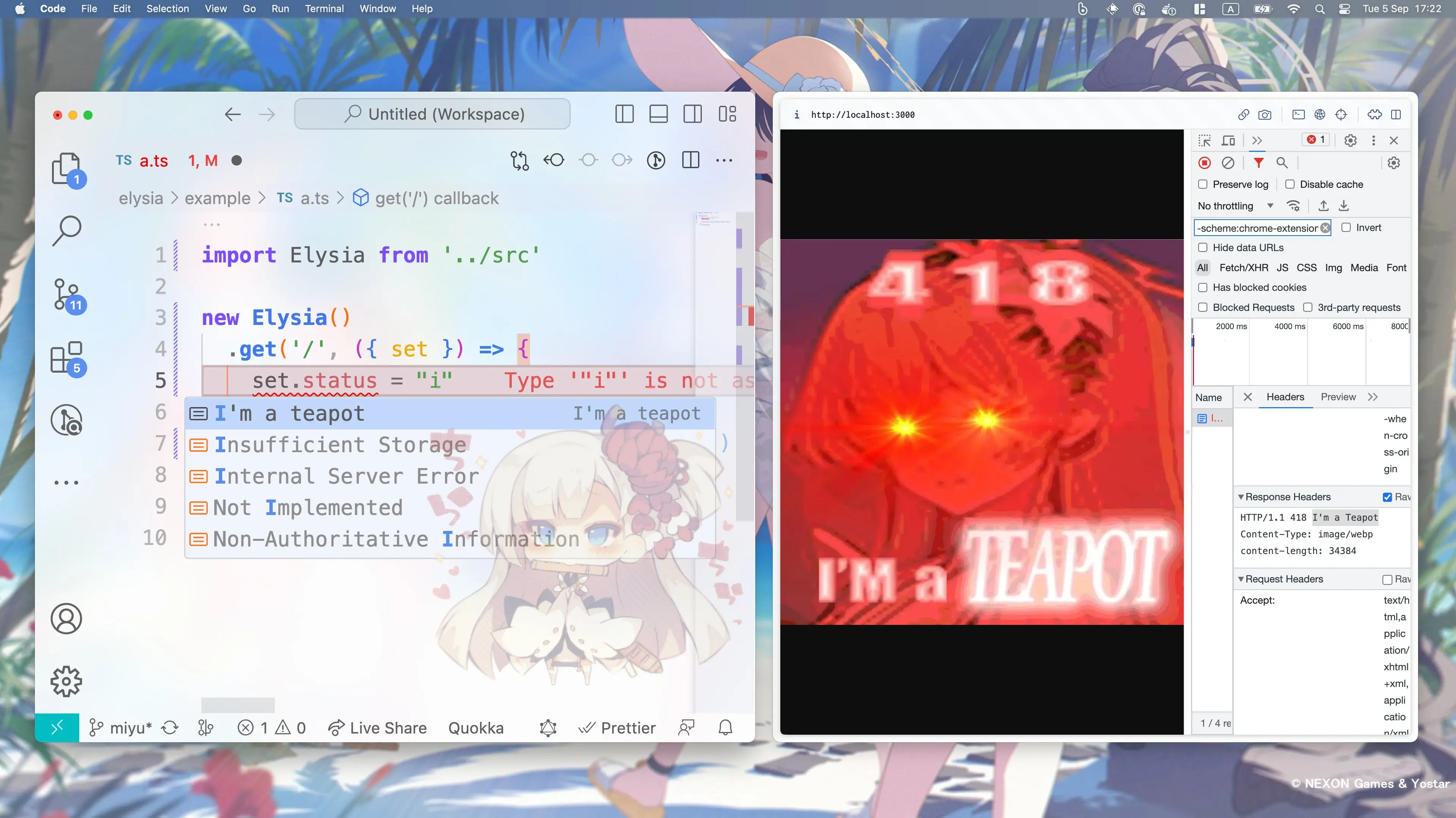 Text-based status code showing auto-completion